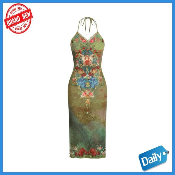 Dresses & Skirts - Floral Lace Trim Halter Neck Slit Hem Cami Midi Dress
